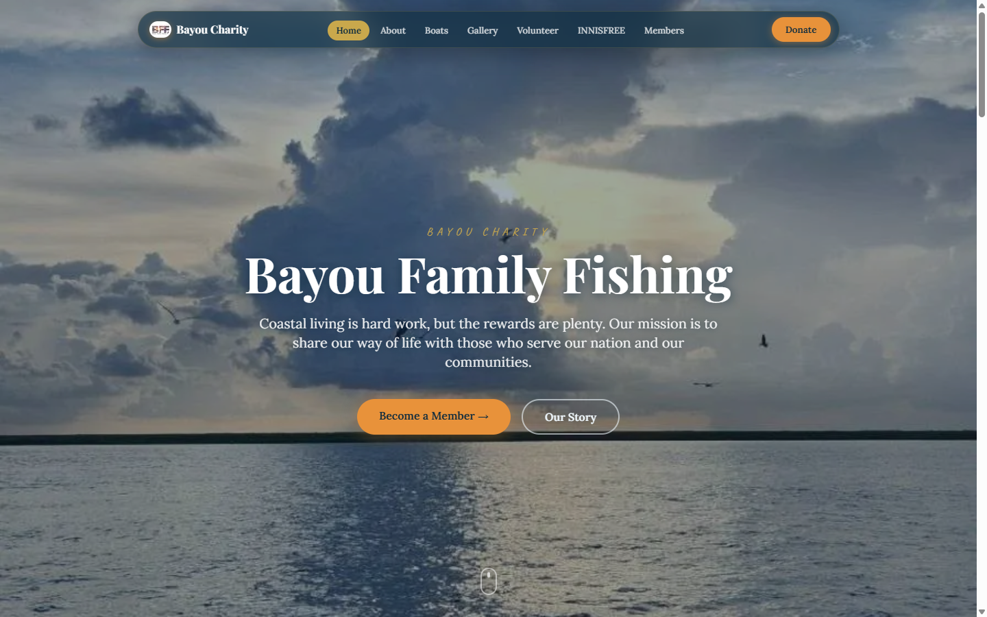 Bayou Charity homepage — coastal hero with 'Bayou Family Fishing' title over open water.