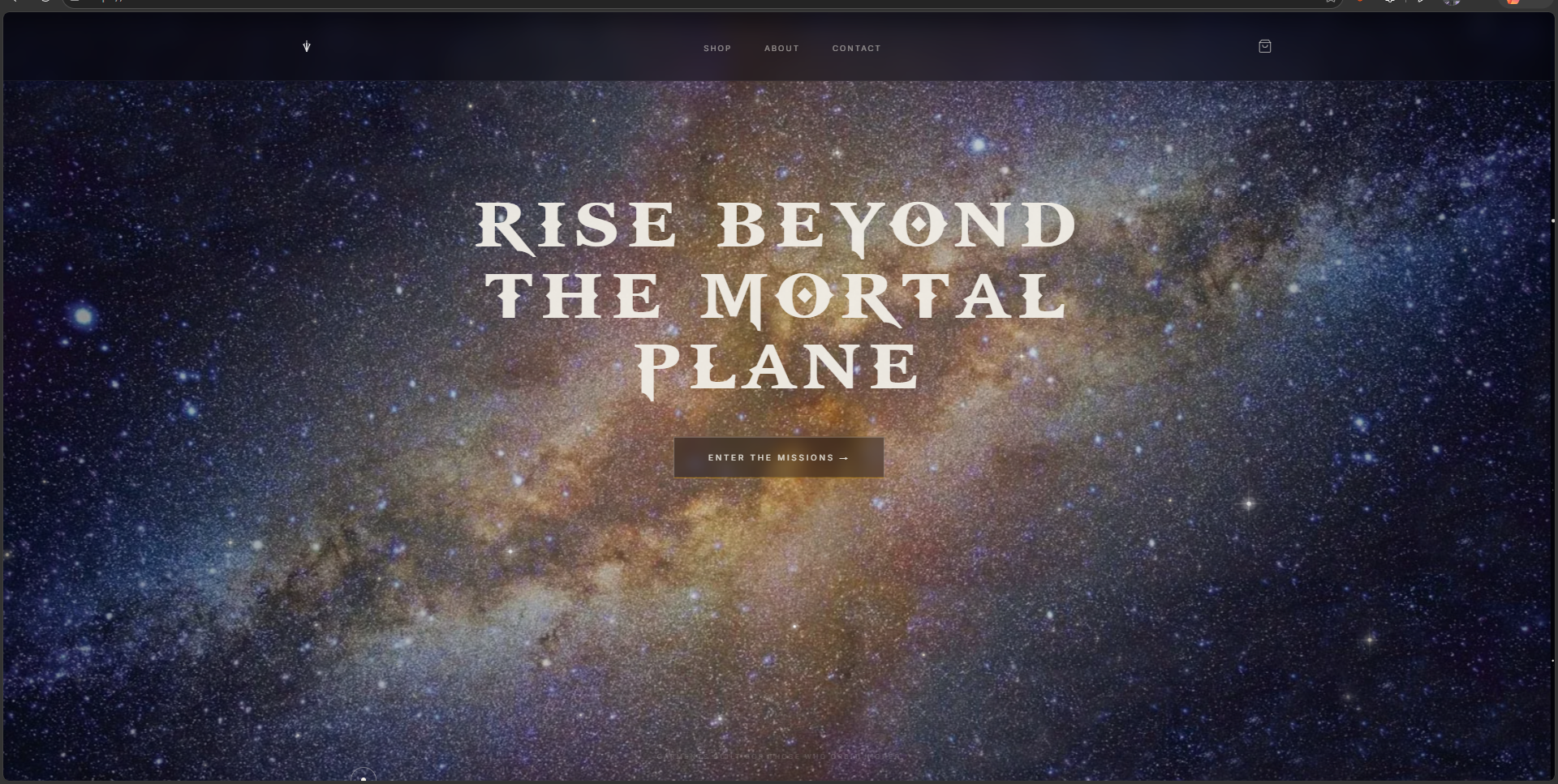Immortal Vibes homepage — 'Rise Beyond the Mortal Plane' title over a galaxy/nebula hero.