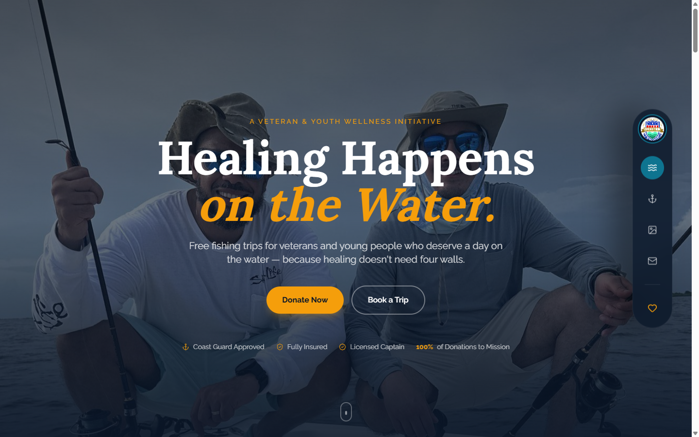 Operation Healing Waters homepage — 'Healing Happens on the Water' over a fishing scene.